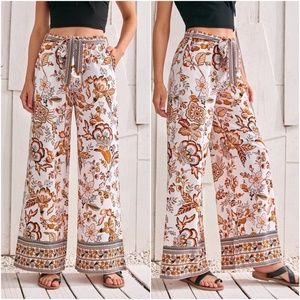 boho  Floral print belted palazzo wide leg pants
